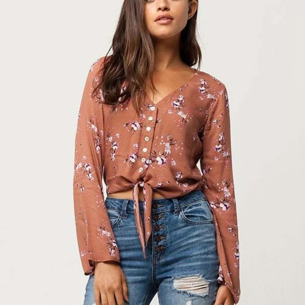 Socialite‎ Womens Floral Button Front Tie Hem Crop Blouse Terracotta Small